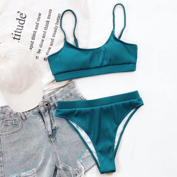 

Rib High Waisted Bikini Swimsuit, Teal blue