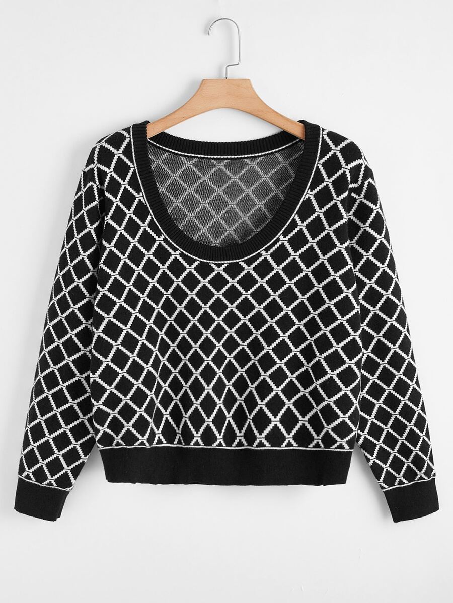 Áo len Plus Size Sọc ca rô Giải trí - Đen và trắng - Xem 1