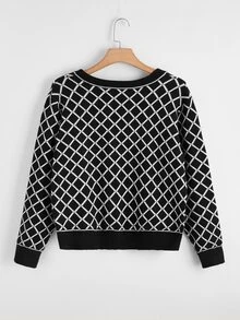 Áo len Plus Size Sọc ca rô Giải trí - Đen và trắng - Xem 2