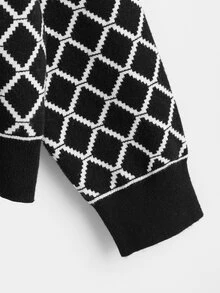 Áo len Plus Size Sọc ca rô Giải trí - Đen và trắng - Xem 3