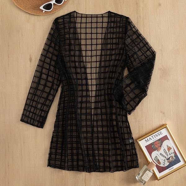 

Plaid Pattern Sheer Kimono, Black