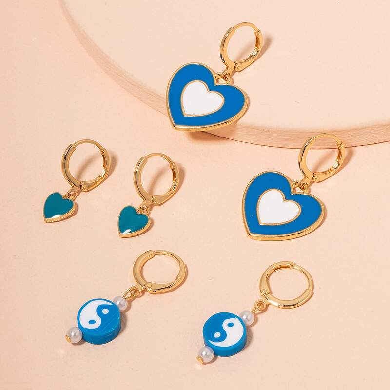 

3pairs Heart Charm Earrings, Multicolor