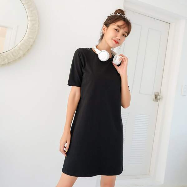 

Solid Round Neck Lounge Dress, Black