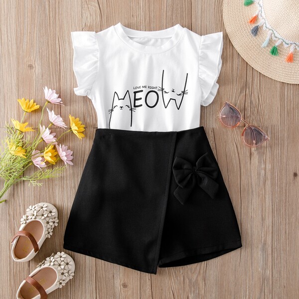 

Toddler Girls Cartoon Graphic Top & Bow Front Shorts, Black and white