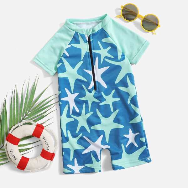 

Baby Boy Star Fish Print One Piece Swimsuit, Multicolor