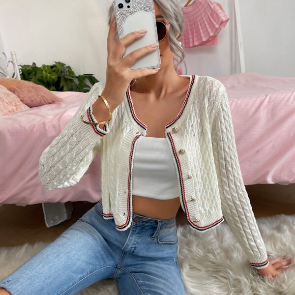 

Striped Pattern Cable Knit Cardigan, Beige