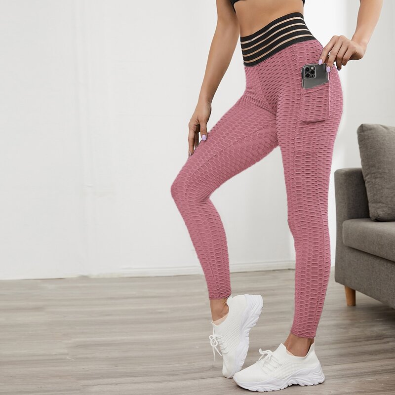

Striped Waist Honeycomb Textured Sports Leggings With Phone Pocket, Dusty pink