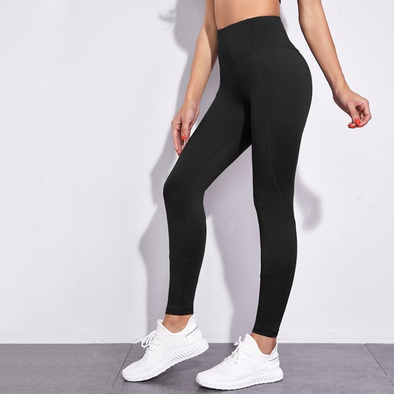 

Solid Wide Band Waist Sports Leggings, Black