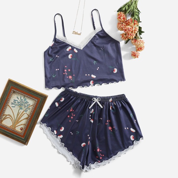 

Plant Print Lace Trim Crop Cami Top & Shorts PJ Set, Navy blue