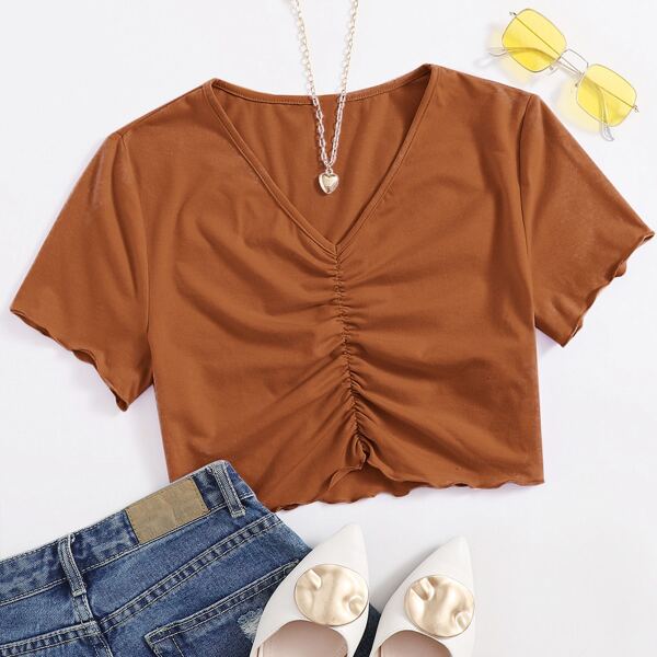 

V-neck Ruched Front Lettuce Edge Crop Top, Brown