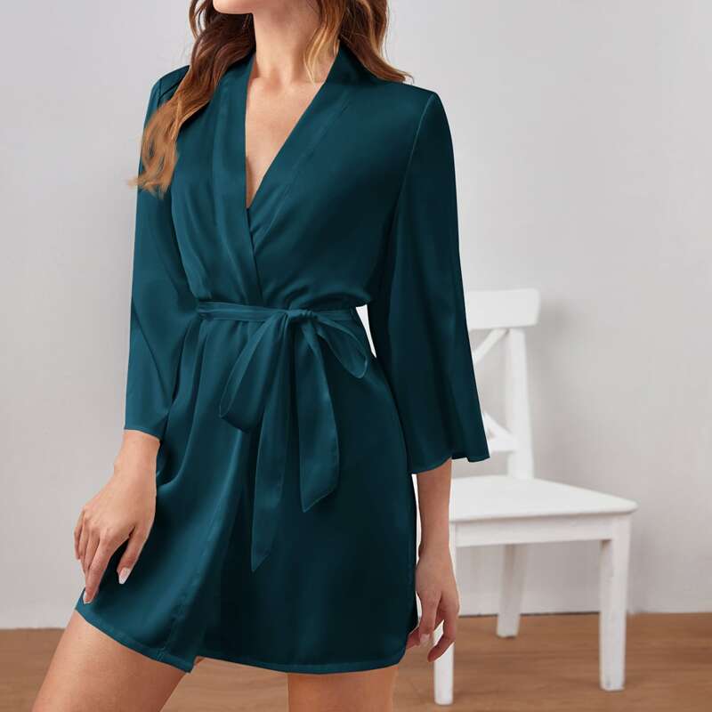 

Self Tie Satin Robe, Teal blue
