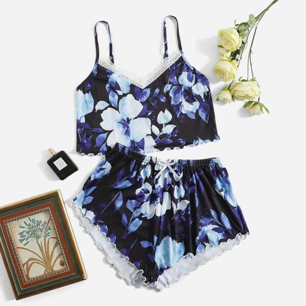 

Floral Print Lace Trim Lettuce Hem Cami Top & Shorts PJ Set, Multicolor