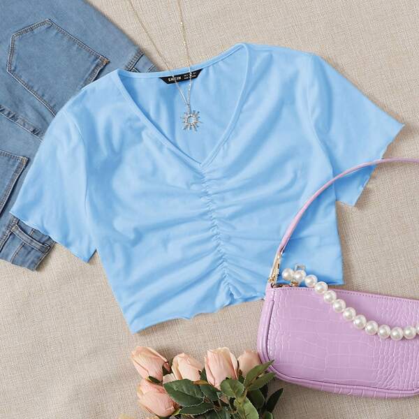 

V-neck Ruched Front Lettuce Edge Crop Top, Baby blue