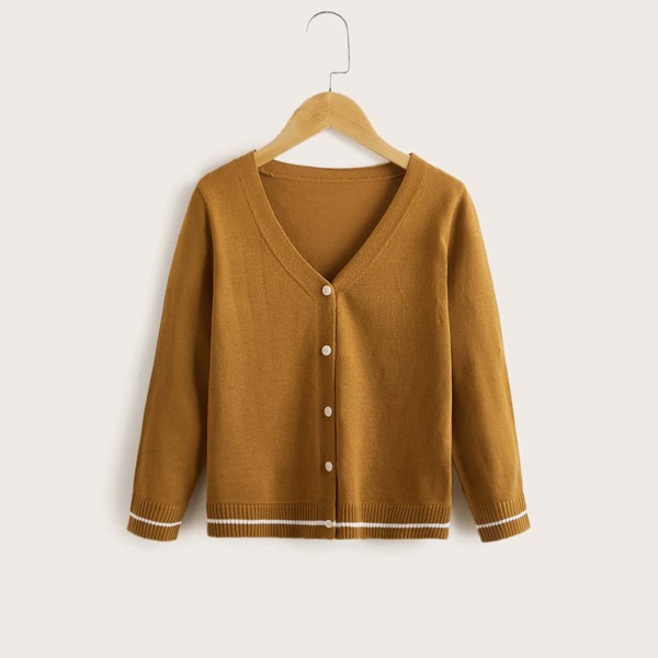 

Boys Striped Trim Button Front Cardigan, Mustard yellow