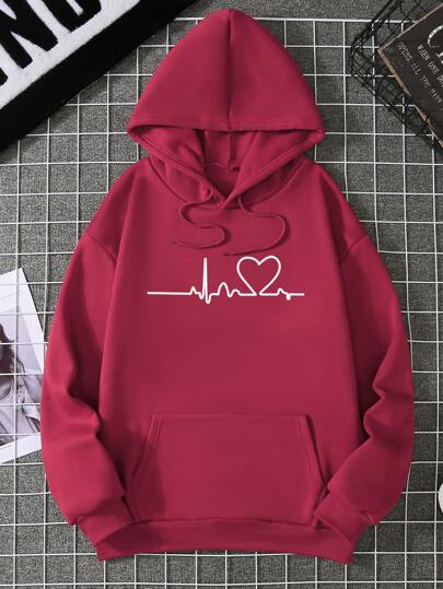 SHEIN LUNE Capucha con estampado de corazón con bolsillo de canguro con cordón