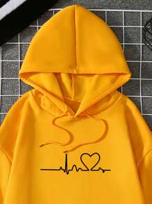 SHEIN LUNE 心形圖案袋鼠口袋抽繩連帽衫 - 黃色 - 查看 7