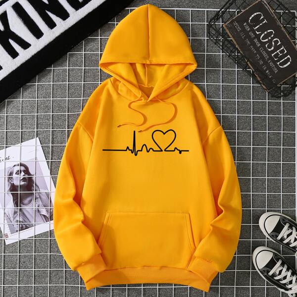 

Heart Print Kangaroo Pocket Drawstring Hoodie, Yellow