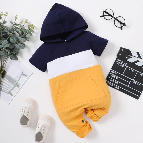 

Baby 1pc Cut And Sew Hooded Jumpsuit, Multicolor