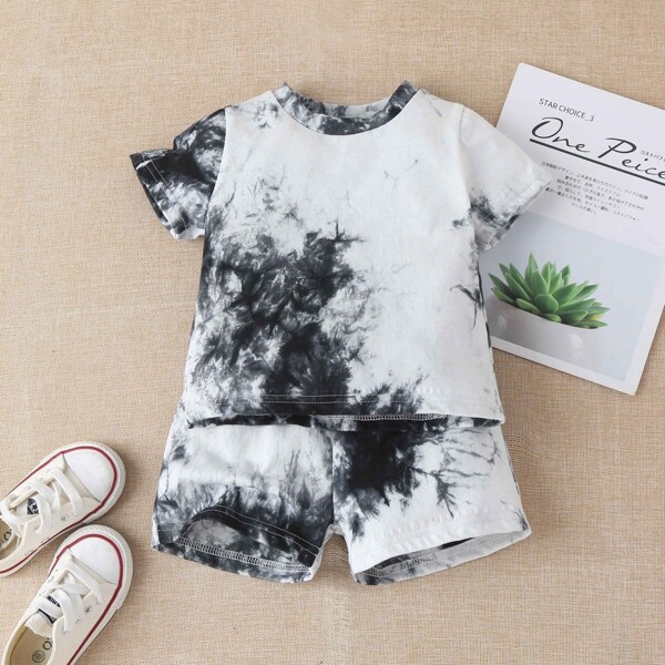 

Baby Tie Dye 1 Tee & 1 Track Shorts, Black and white