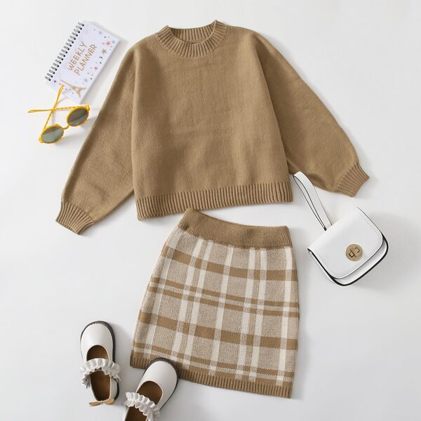 

Toddler Girls Solid Sweater & Plaid Knit Skirt, Khaki