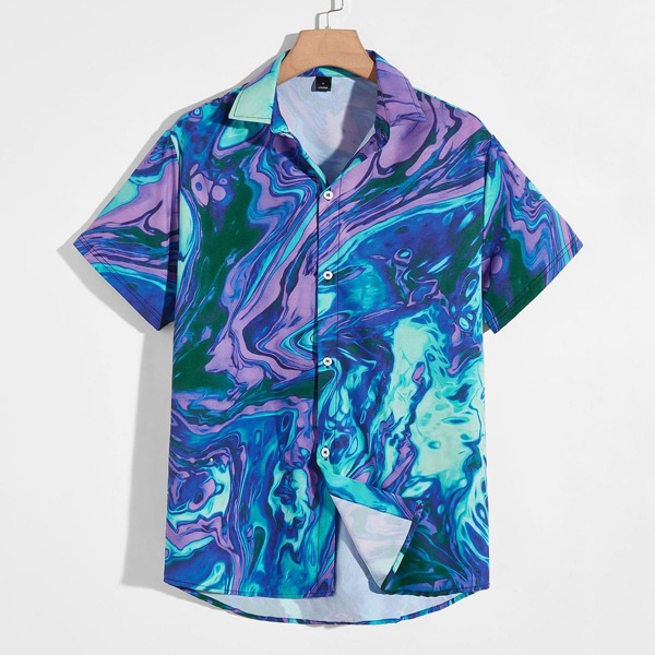

Guys Graphic Print Curved Hem Shirt, Multicolor