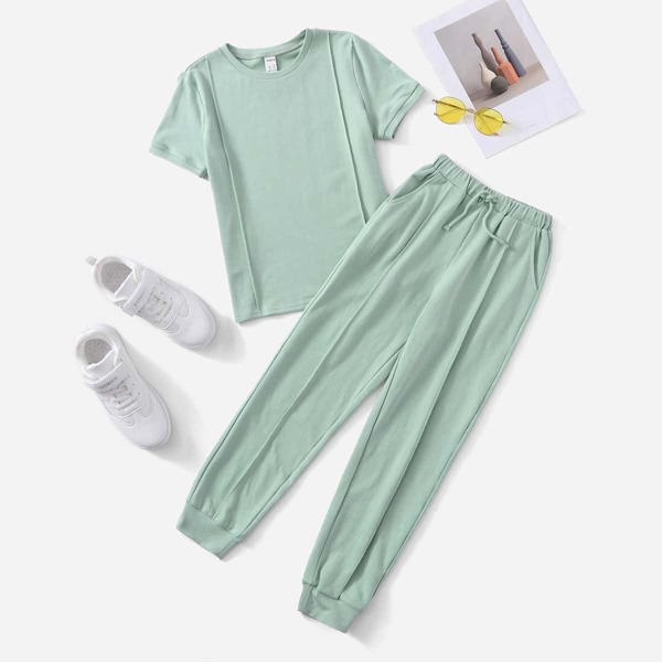 

Boys Solid Tee & Drawstring Waist Sweatpants, Mint green