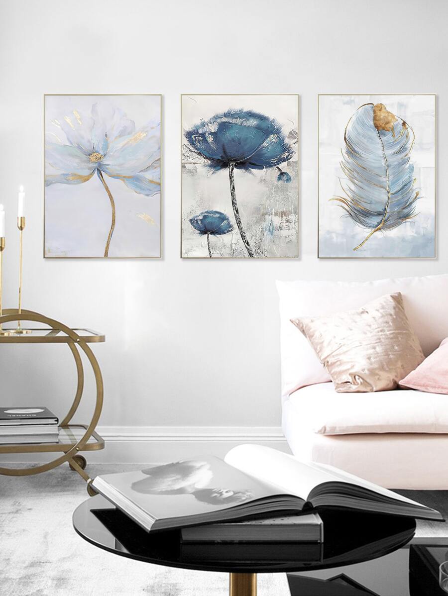 3pcs Flower & Feather Print Unframed Painting - Multicolor - View 1