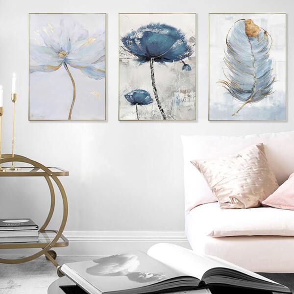 

3pcs Flower & Feather Print Unframed Painting, Multicolor