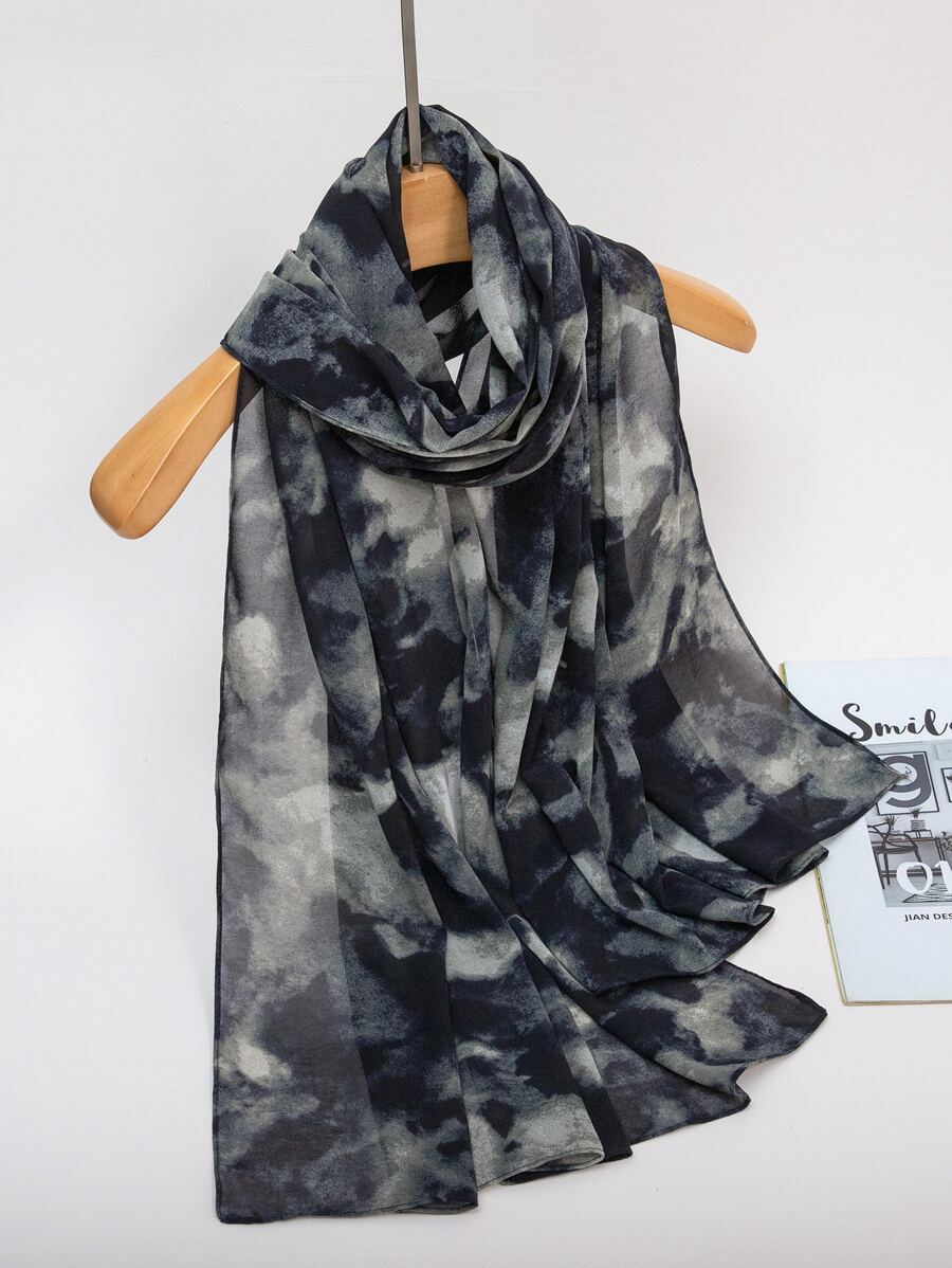 1条扎染印花女士围巾头巾，休闲街头时尚头巾，适合日常佩戴 - 黑色 - 查看 1