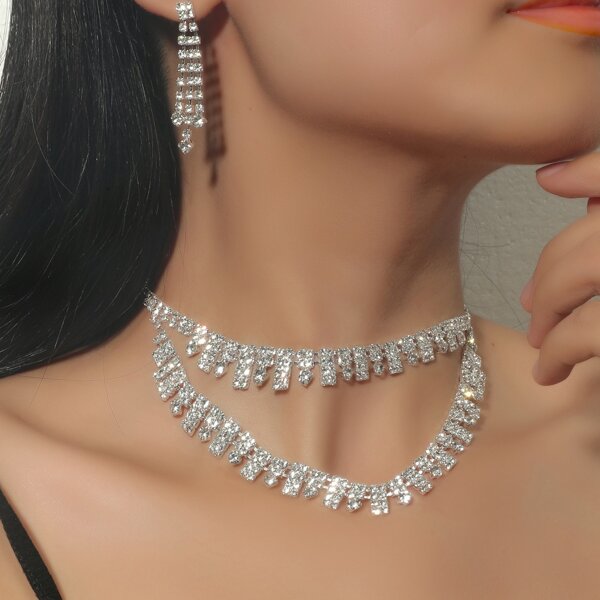 

3pcs Rhinestone Decor Jewelry Set, Silver