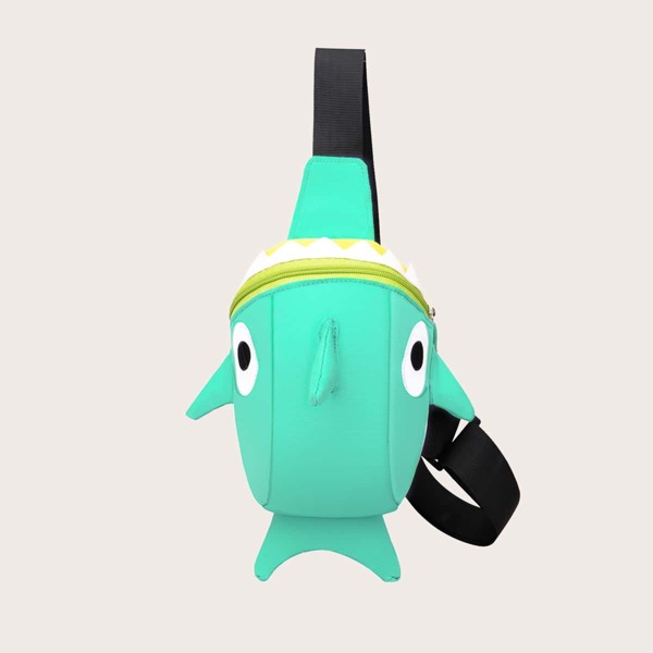 

Kids Cartoon Shark Design Sling Bag, Green