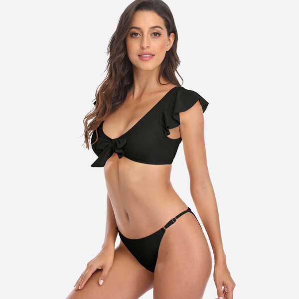 

Ruffle Trim Bow Front Bikini Set, Black