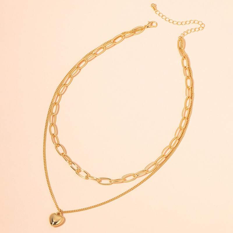 

Heart Pendant Layered Chain Necklace, Gold