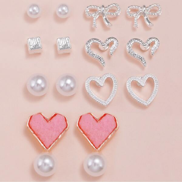 

7pairs Faux Pearl & Bow Design Earrings, Silver