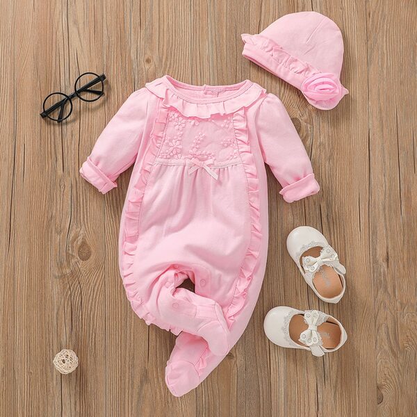 

Baby Girl Ruffle Trimed Thermal Jumpsuit With Hat, Baby pink