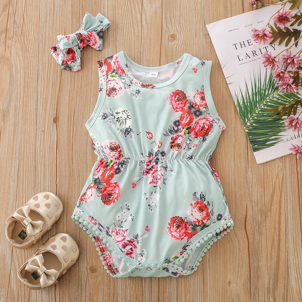 

Baby Floral Print Guipure Lace Trim 1 Bodysuit & 1 Headband, Mint green