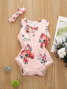 女婴印花緹花蕾絲邊連體衣和髮帶
