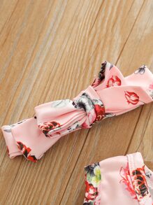 女婴印花緹花蕾絲邊連體衣和髮帶