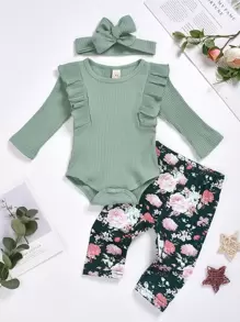 Baby Girl Ruffle Bodysuit & Floral Trousers & Headband - Multicolor - View 1