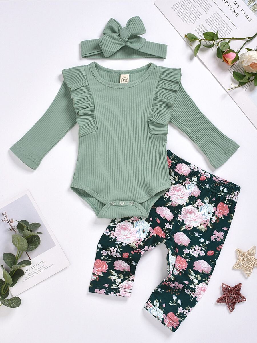 Baby Girl Ruffle Bodysuit & Floral Trousers & Headband - Multicolor - View 1