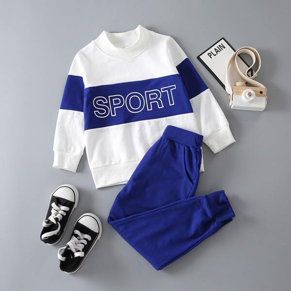 

Toddler Boys Mock Neck Letter Graphic Color Block Pullover & Sweatpants, Blue and white