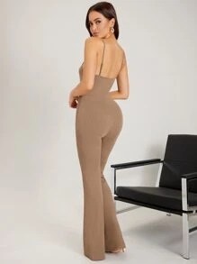 SHEIN Belle Solid Open Back Cami Jumpsuit - Khaki - View 4