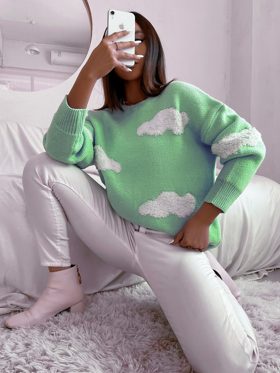 Suéter de hombros caídos con patrón de nubes - verde menta - Ver 1