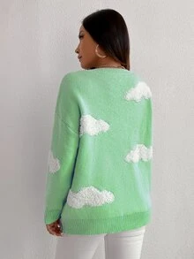 Suéter de hombros caídos con patrón de nubes - verde menta - Ver 2