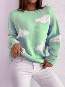 Suéter de hombros caídos con patrón de nubes - verde menta - Ver 4