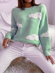 Suéter de hombros caídos con patrón de nubes - verde menta - Ver 5