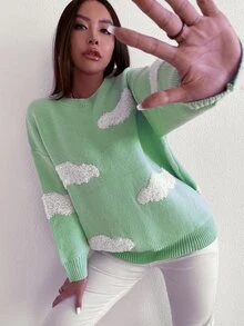 Suéter de hombros caídos con patrón de nubes - verde menta - Ver 6