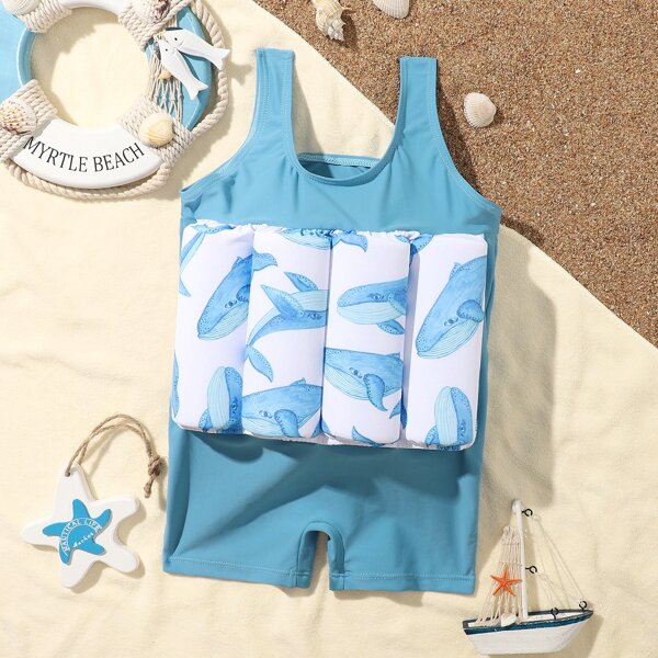 

Toddler Boys Whale Print Float One Piece Swimsuit, Blue and white