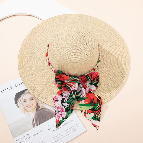 

Flower Print Bow Decor Straw Hat, Beige