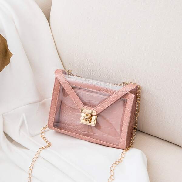

Clear Croc Embossed Square Bag With Inner Pouch, Pink